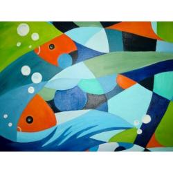 Nieuw & handgeschilderd 3D acryl schilderij met vissen