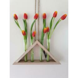 Houten hanger deco met 4 glazen reageerbuizen, excl tulpen