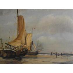 Antiek Hollandse schilderij Vissers bij bomschuiten