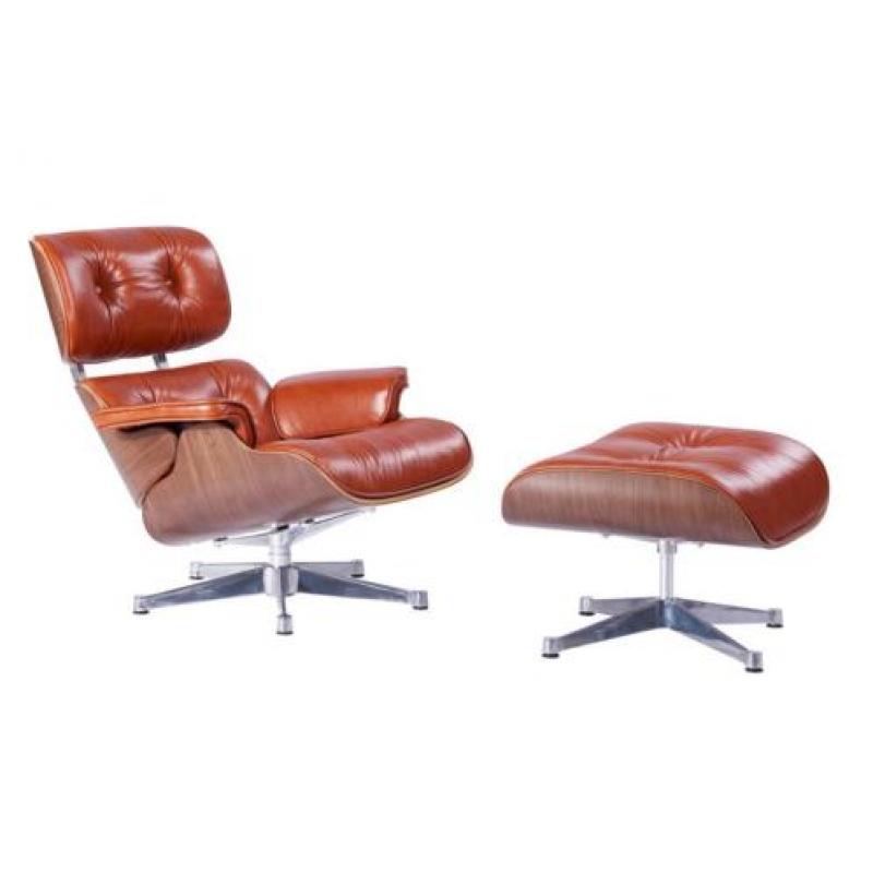 Eames Lounge Chair Cognac Leer, Walnoot Hout & Alu Draaivoet
