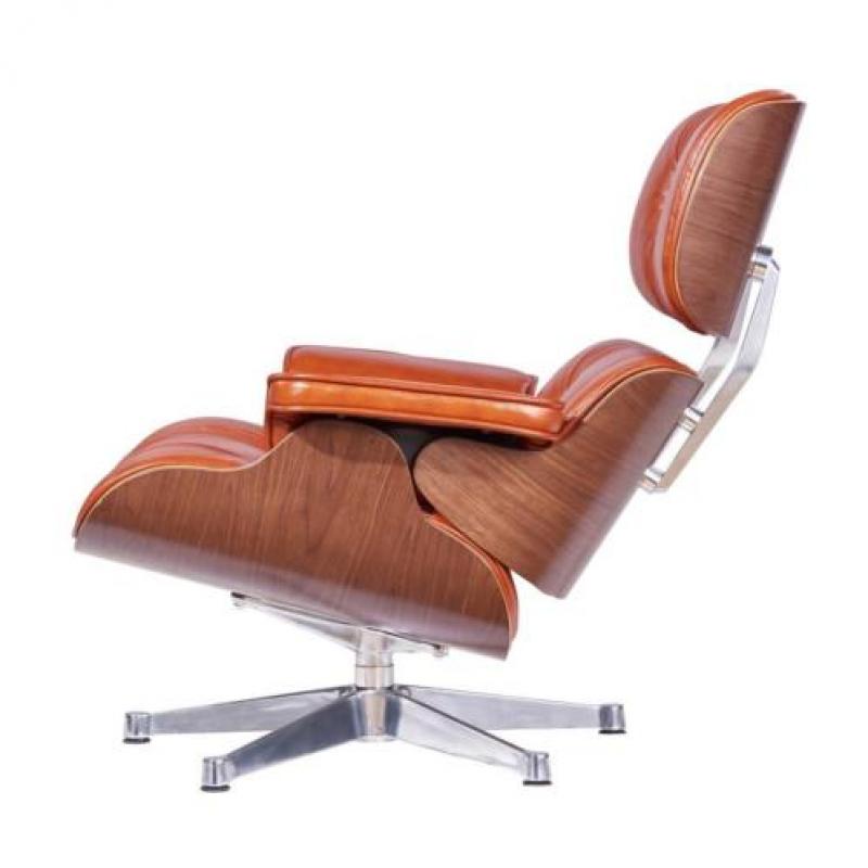 Eames Lounge Chair Cognac Leer, Walnoot Hout & Alu Draaivoet