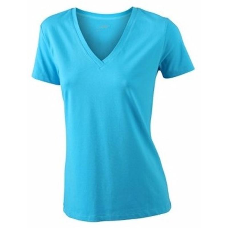 T shirts en poloshirts James Nicholson Turquoise dames stretch t shirt met V hals
